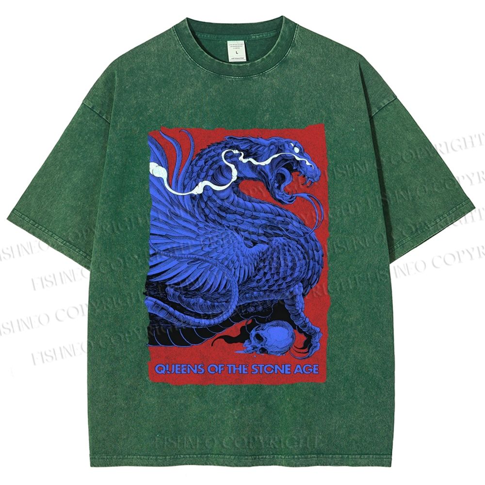 Unisex Giant Blue Dragon Printed Washed Tee