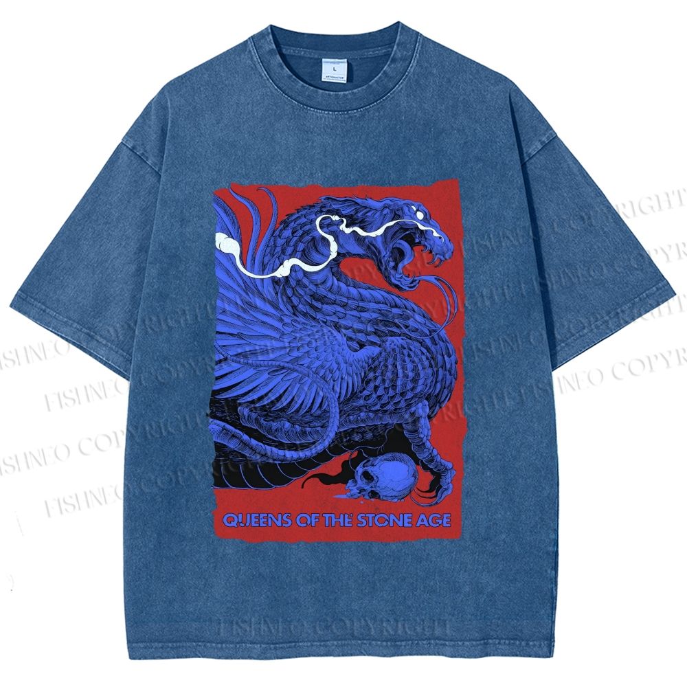 Unisex Giant Blue Dragon Printed Washed Tee
