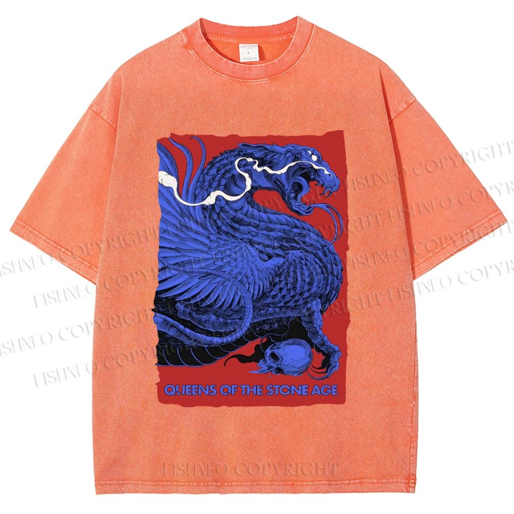 Unisex Giant Blue Dragon Printed Washed Tee