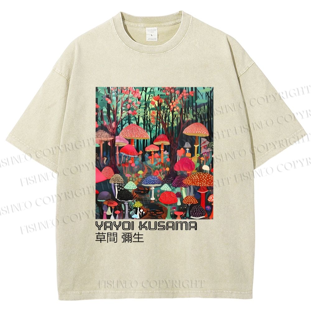 Unisex Yayoi Kusama Mushroom Printed Washed Tee