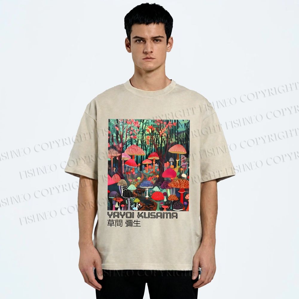 Unisex Yayoi Kusama Mushroom Printed Washed Tee