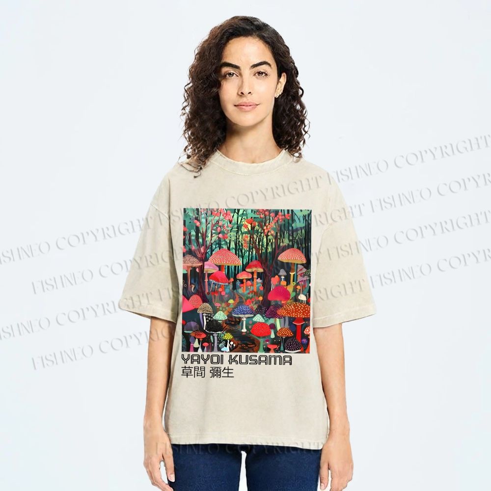 Unisex Yayoi Kusama Mushroom Printed Washed Tee