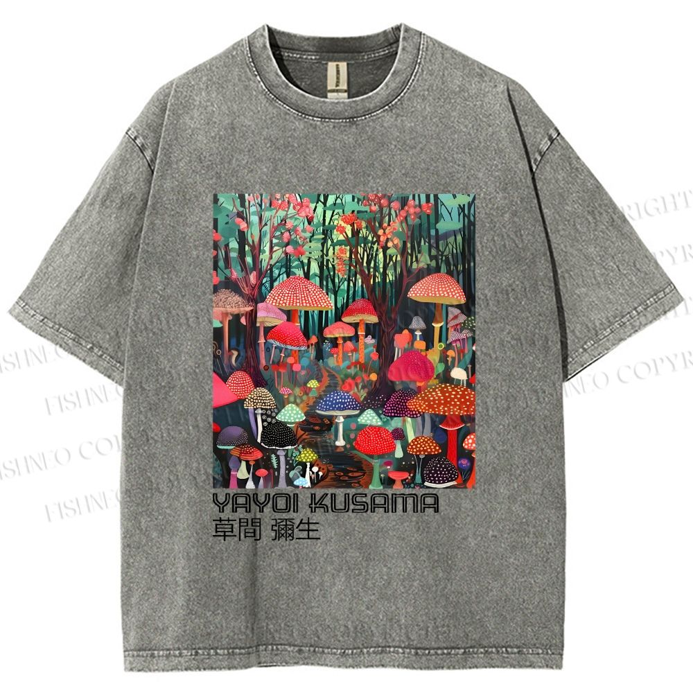 Unisex Yayoi Kusama Mushroom Printed Washed Tee