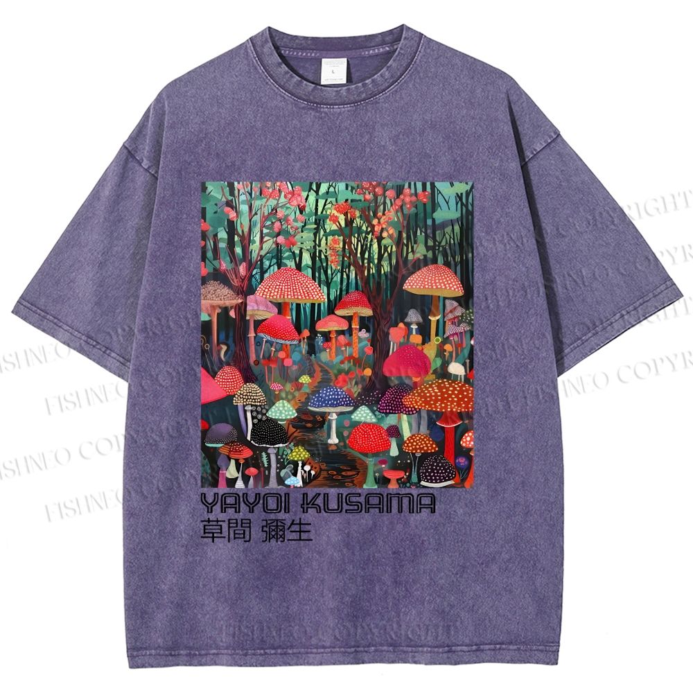 Unisex Yayoi Kusama Mushroom Printed Washed Tee