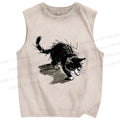 Unisex Messy Line Art Kitten Printed Washed Tank Top