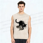 Unisex Messy Line Art Kitten Printed Washed Tank Top