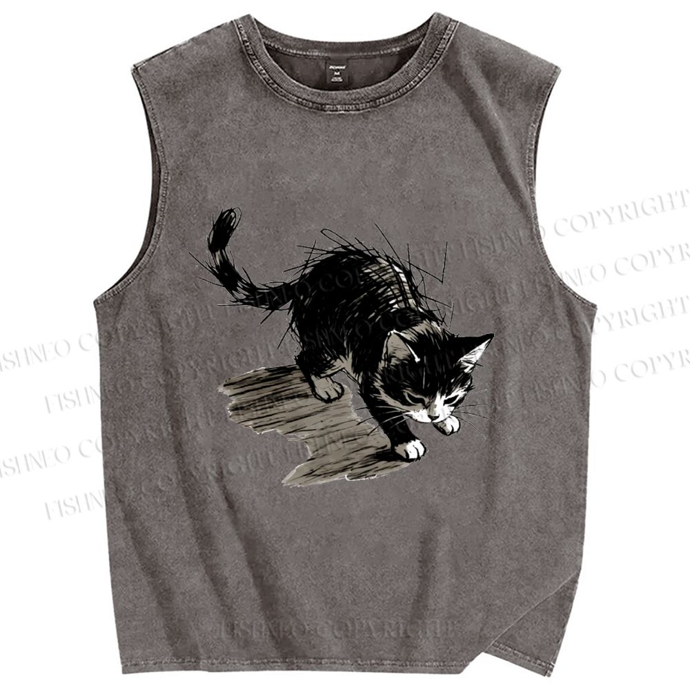 Unisex Messy Line Art Kitten Printed Washed Tank Top