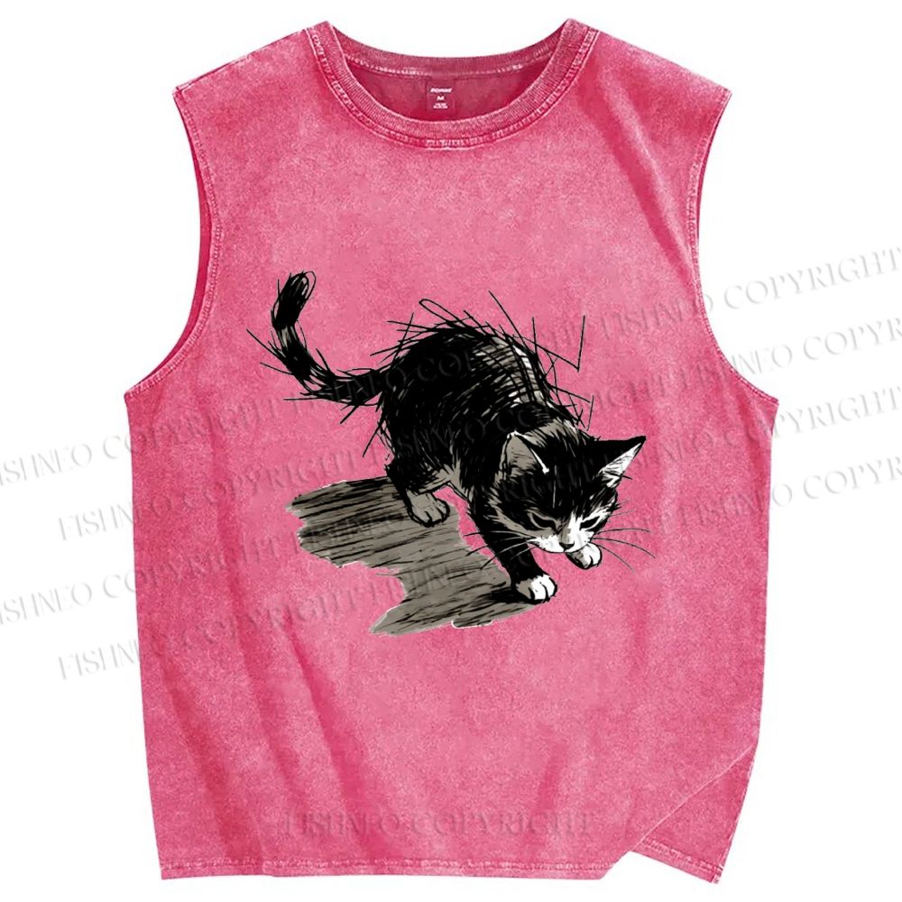 Unisex Messy Line Art Kitten Printed Washed Tank Top