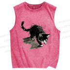 Unisex Messy Line Art Kitten Printed Washed Tank Top