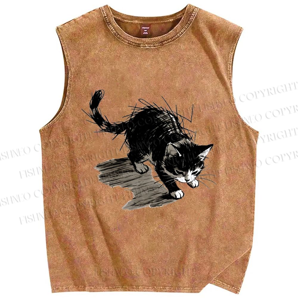 Unisex Messy Line Art Kitten Printed Washed Tank Top