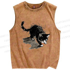 Unisex Messy Line Art Kitten Printed Washed Tank Top