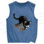 Unisex Messy Line Art Kitten Printed Washed Tank Top