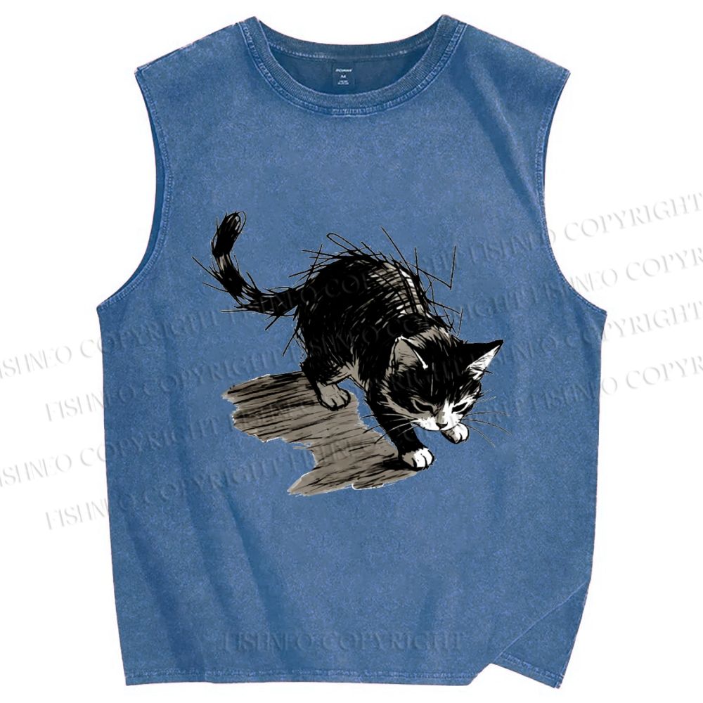 Unisex Messy Line Art Kitten Printed Washed Tank Top