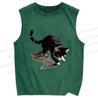 Unisex Messy Line Art Kitten Printed Washed Tank Top
