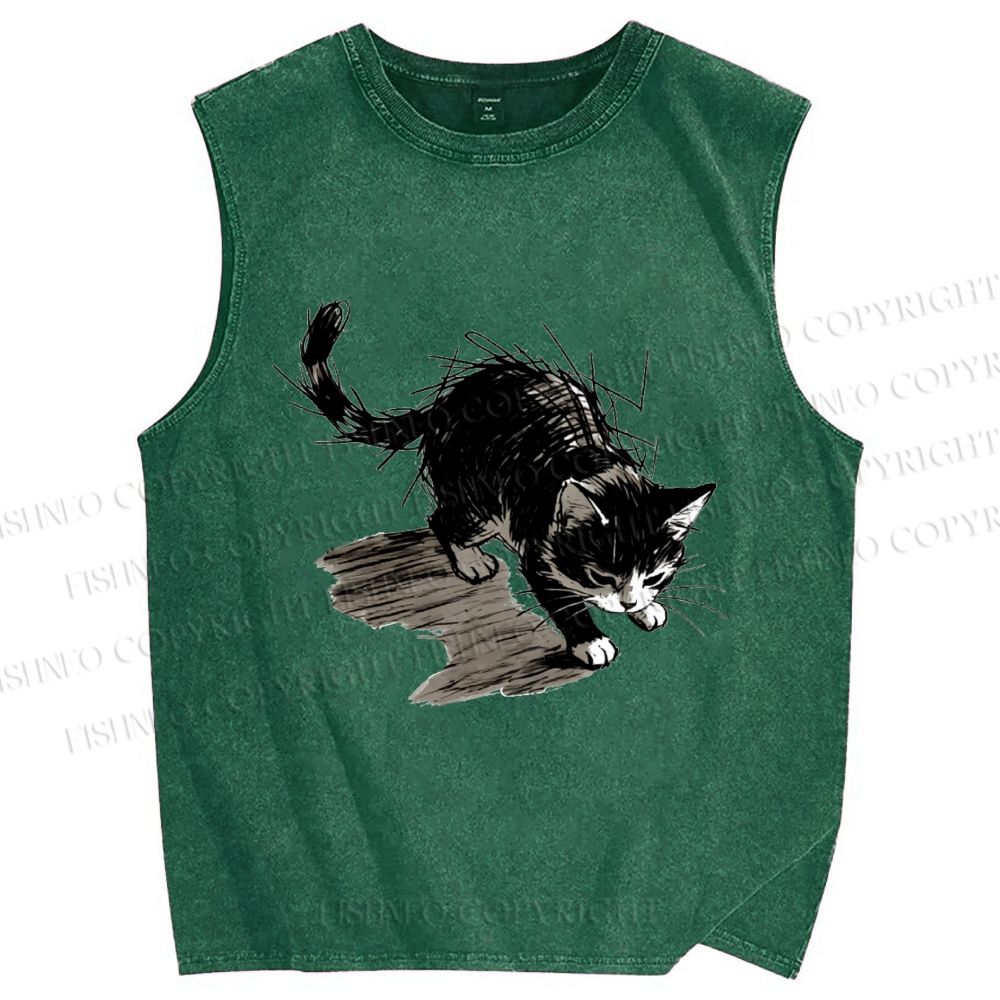 Unisex Messy Line Art Kitten Printed Washed Tank Top