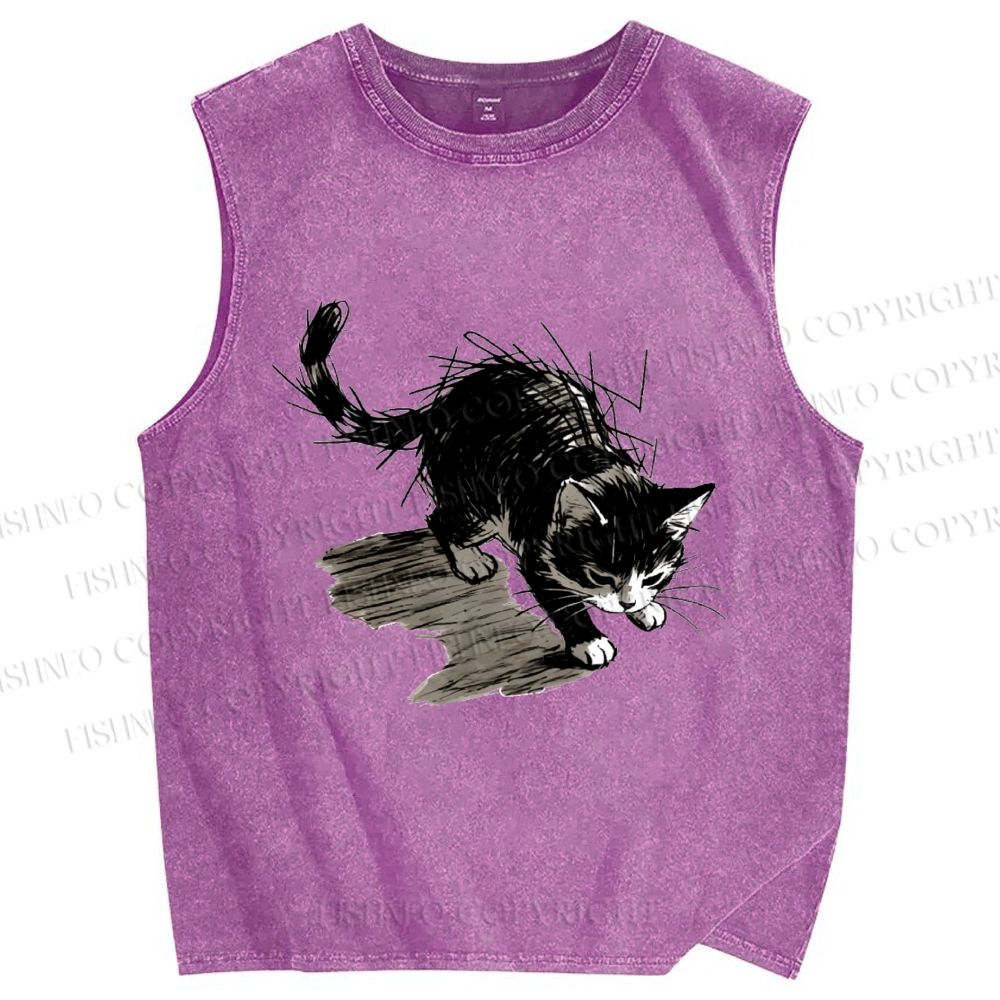 Unisex Messy Line Art Kitten Printed Washed Tank Top