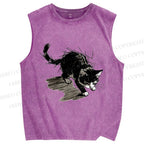 Unisex Messy Line Art Kitten Printed Washed Tank Top