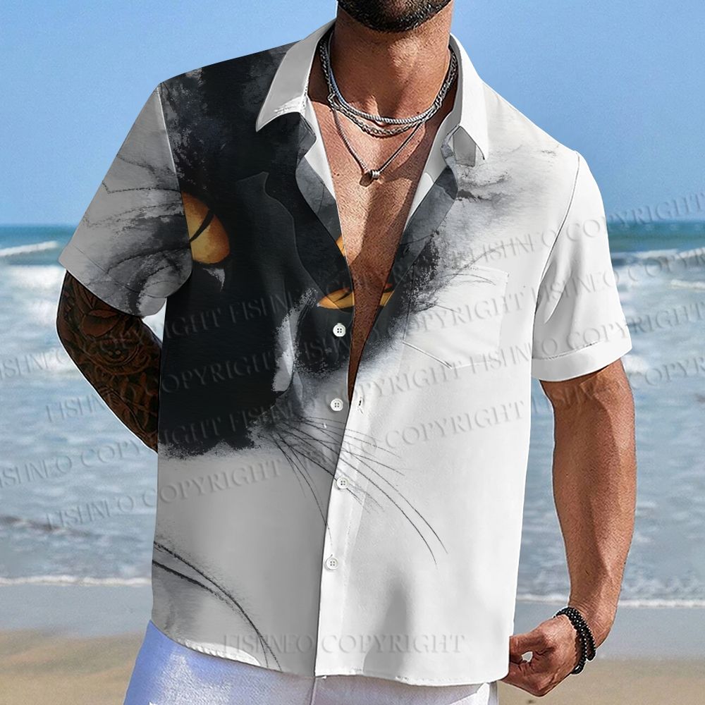Black Cat Printed Hawaiian Shirt