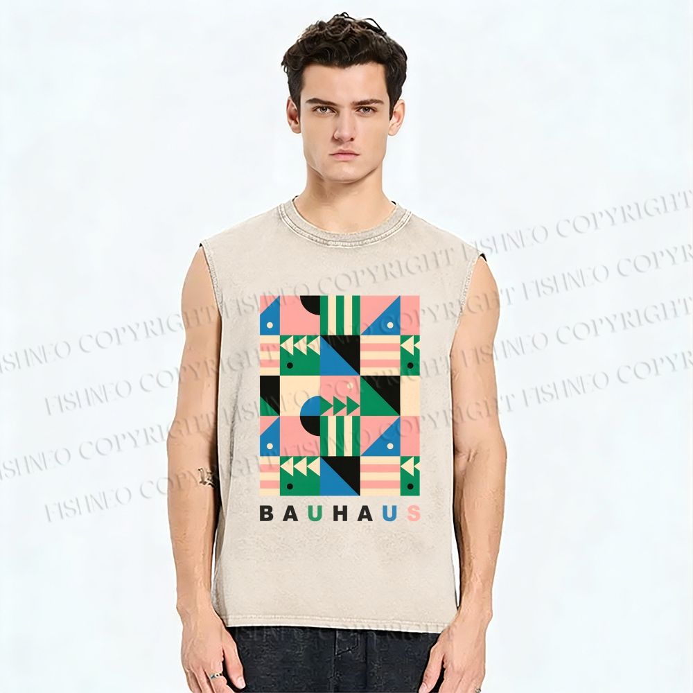 Unisex Bauhaus Geometric Art Printed Washed Tank Top