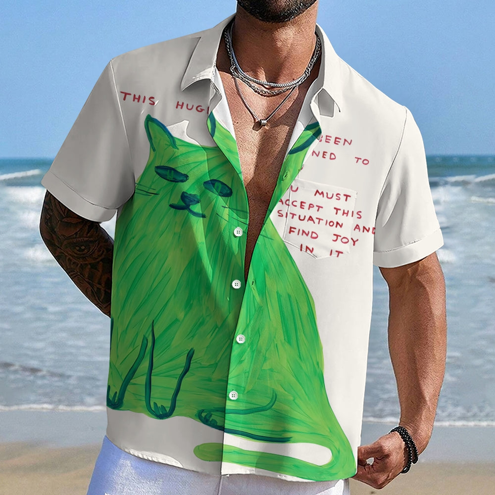 Green Cat Printed Hawaiian Shirt