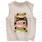 Unisex Whimsical Multi Colored Frog Art Printed Washed Tank Top