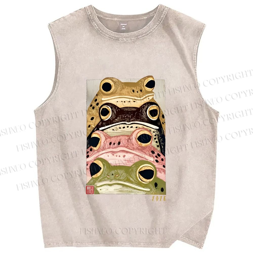 Unisex Whimsical Multi Colored Frog Art Printed Washed Tank Top