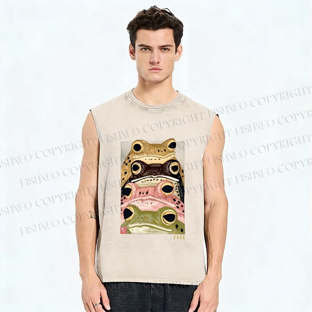 Unisex Whimsical Multi Colored Frog Art Printed Washed Tank Top