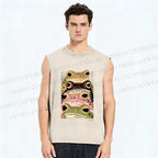 Unisex Whimsical Multi Colored Frog Art Printed Washed Tank Top
