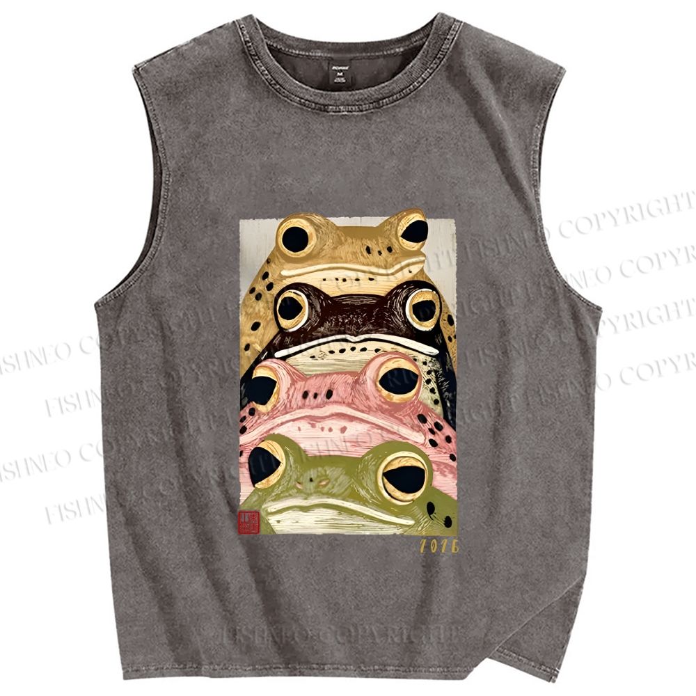 Unisex Whimsical Multi Colored Frog Art Printed Washed Tank Top