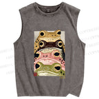 Unisex Whimsical Multi Colored Frog Art Printed Washed Tank Top
