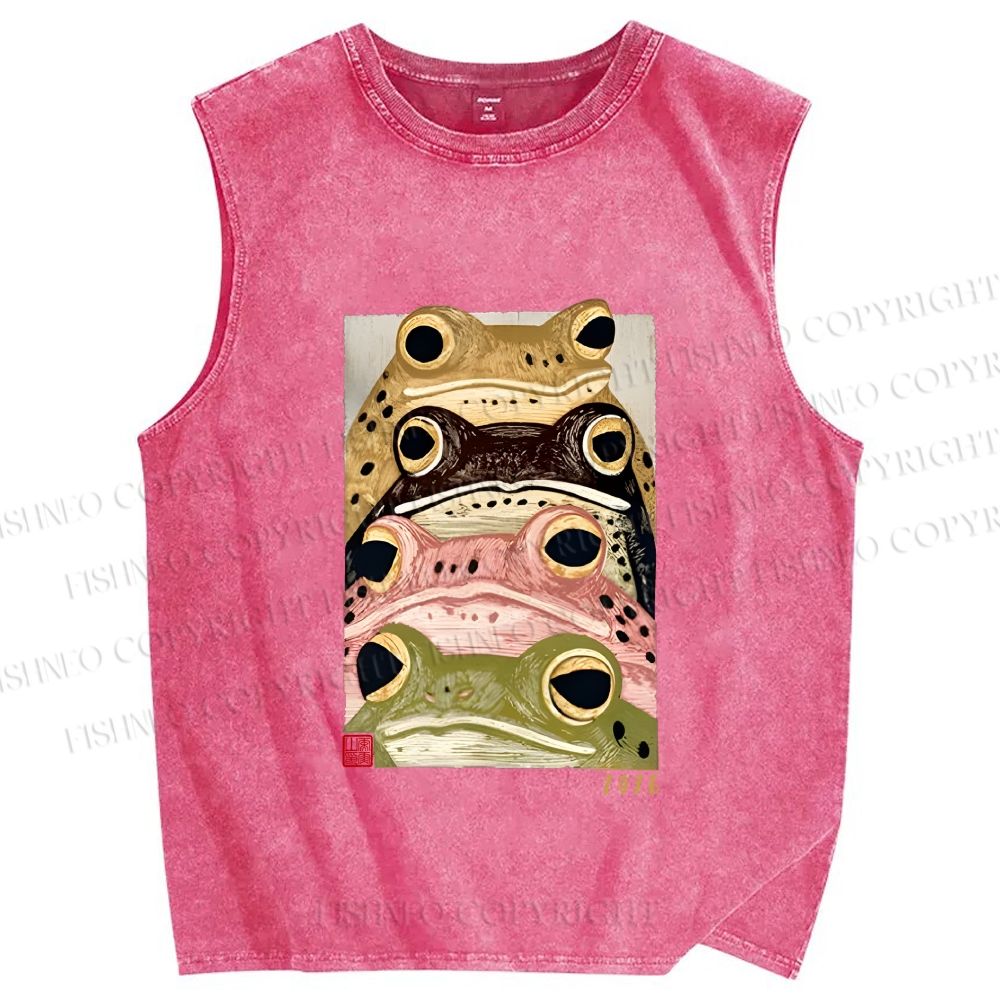 Unisex Whimsical Multi Colored Frog Art Printed Washed Tank Top