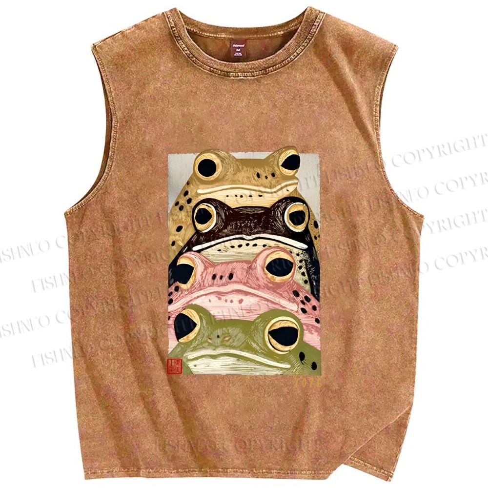 Unisex Whimsical Multi Colored Frog Art Printed Washed Tank Top