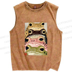 Unisex Whimsical Multi Colored Frog Art Printed Washed Tank Top