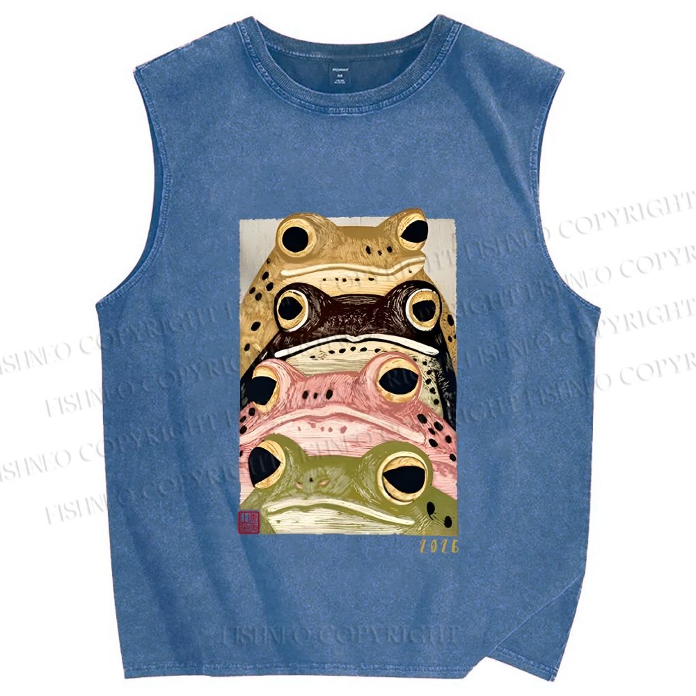 Unisex Whimsical Multi Colored Frog Art Printed Washed Tank Top
