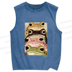 Unisex Whimsical Multi Colored Frog Art Printed Washed Tank Top