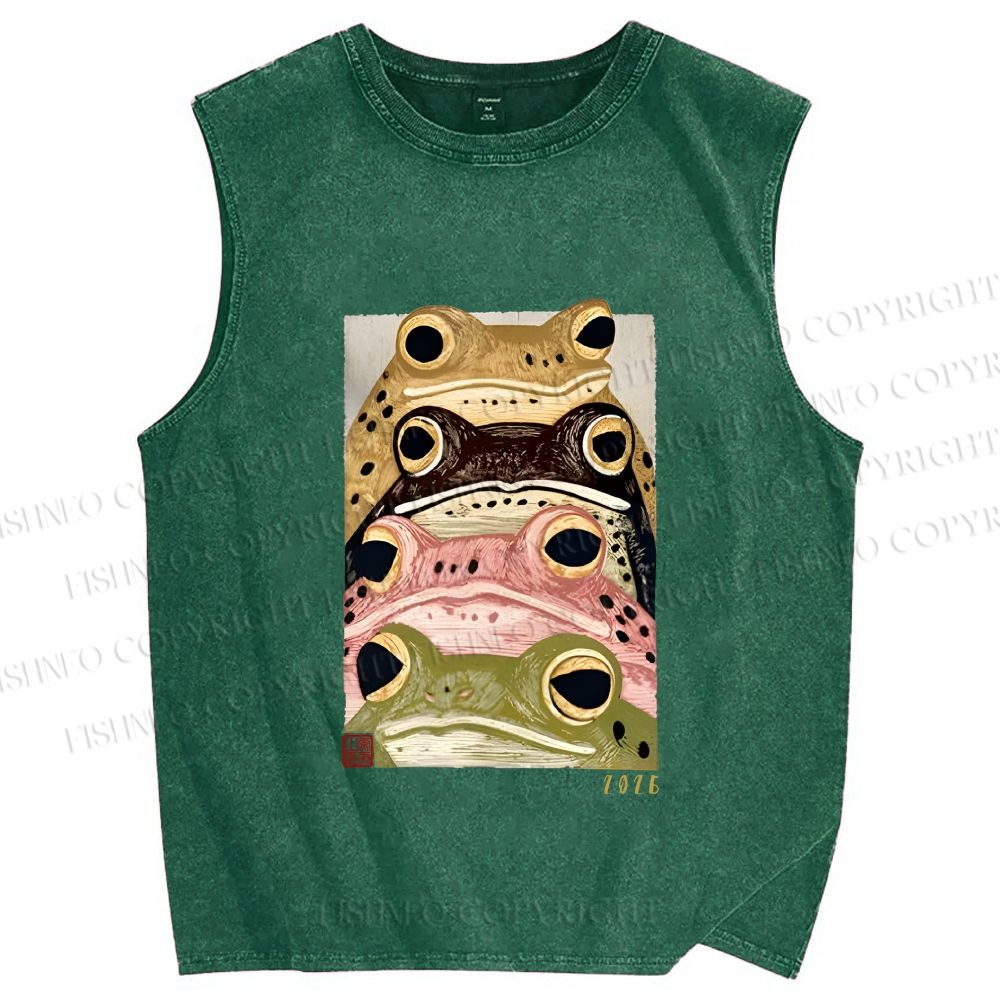 Unisex Whimsical Multi Colored Frog Art Printed Washed Tank Top