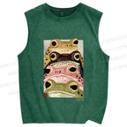 Unisex Whimsical Multi Colored Frog Art Printed Washed Tank Top