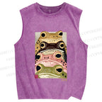 Unisex Whimsical Multi Colored Frog Art Printed Washed Tank Top