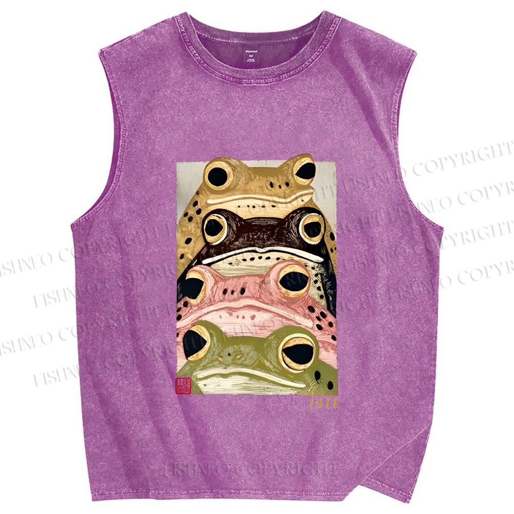 Unisex Whimsical Multi Colored Frog Art Printed Washed Tank Top