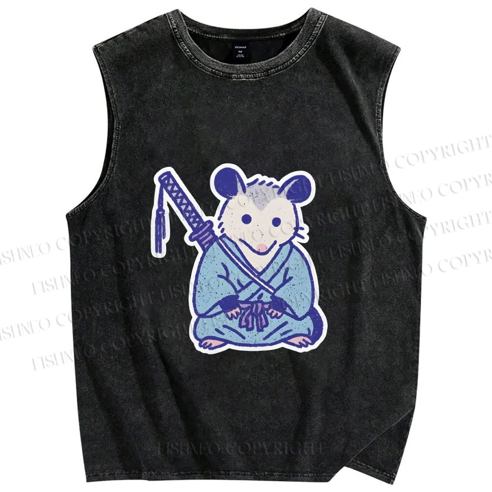 Unisex Vintage Opossum Samurai Printed Washed Tank Top