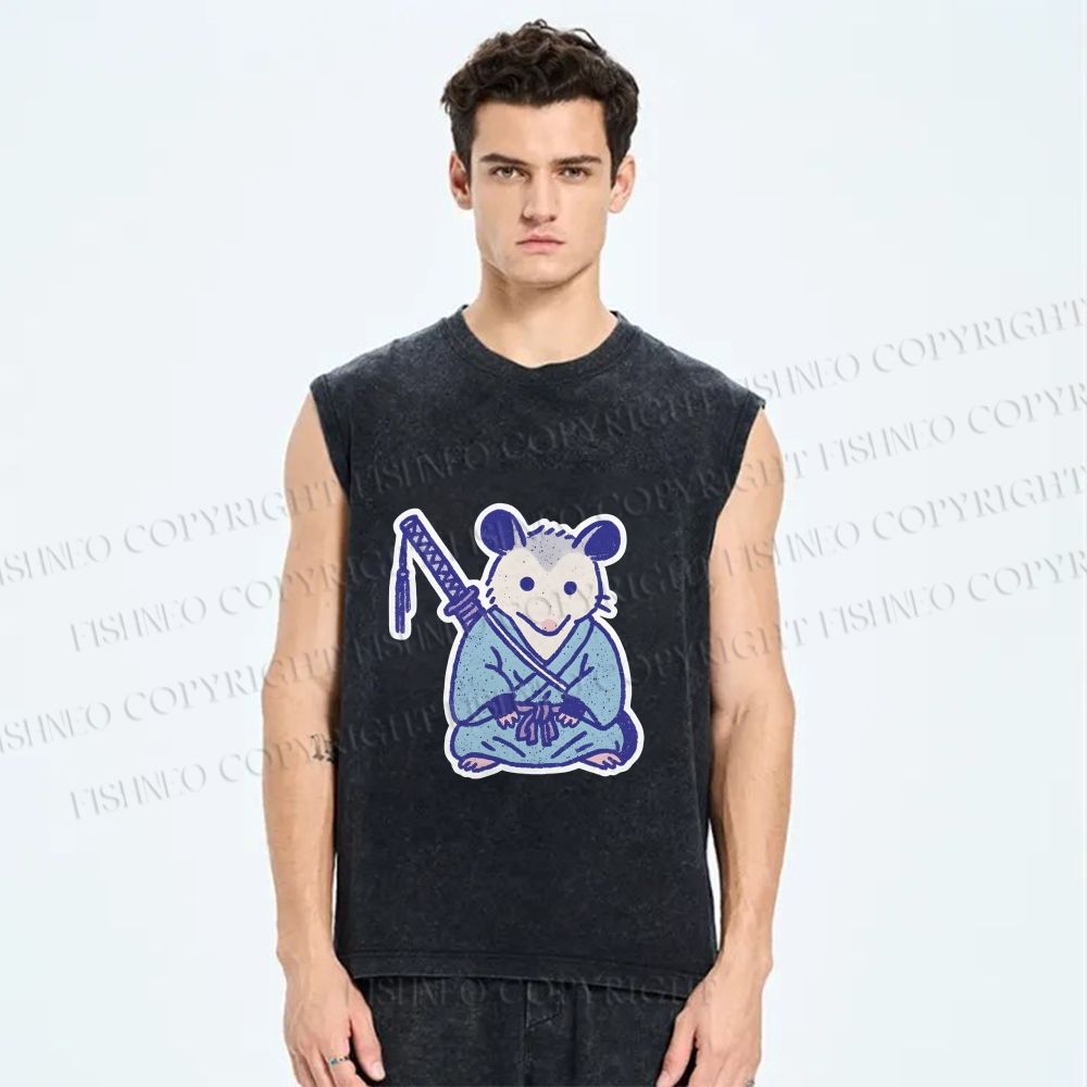 Unisex Vintage Opossum Samurai Printed Washed Tank Top