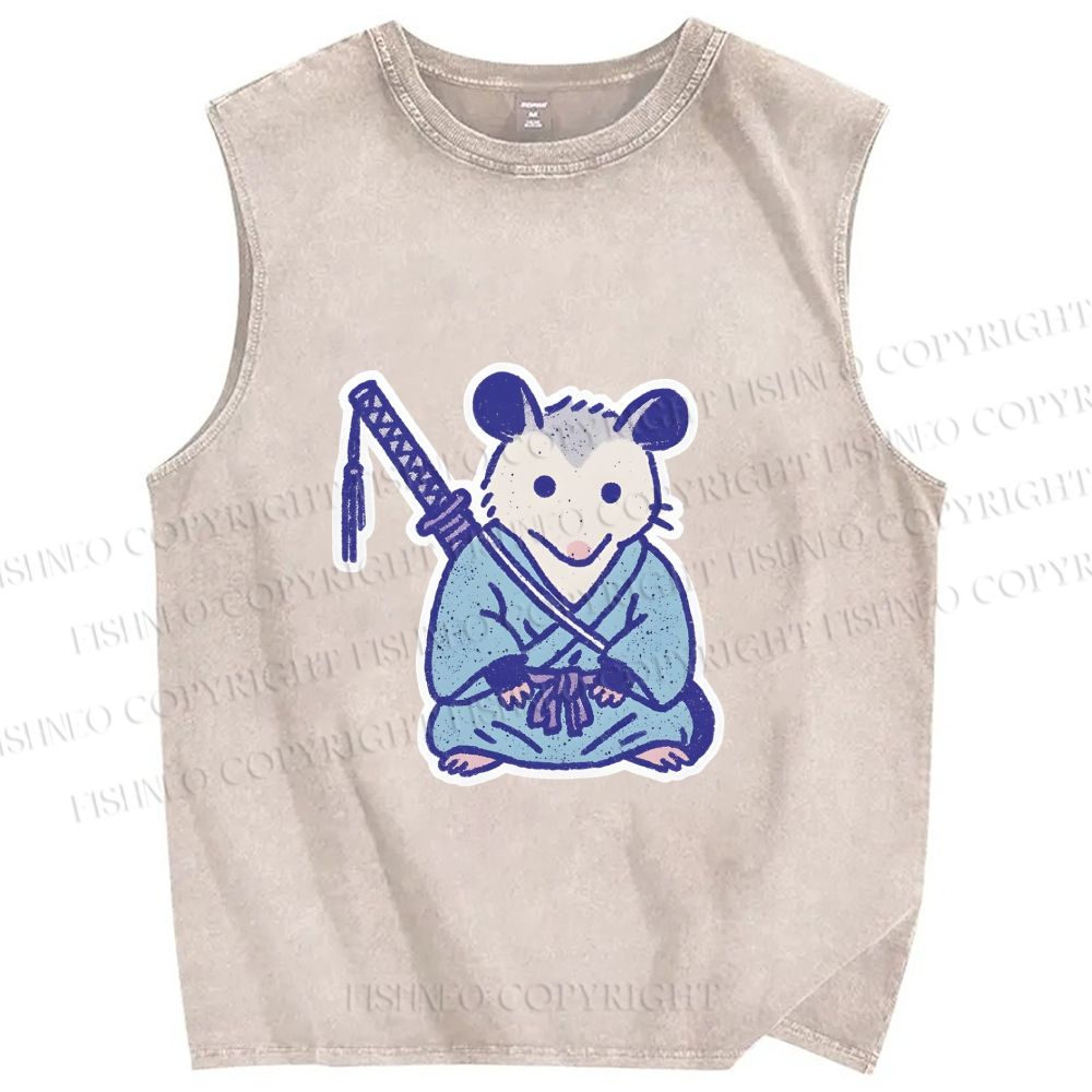 Unisex Vintage Opossum Samurai Printed Washed Tank Top