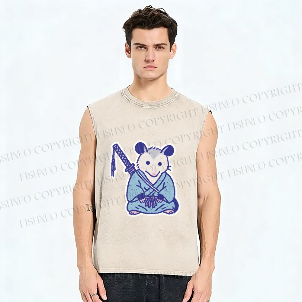 Unisex Vintage Opossum Samurai Printed Washed Tank Top