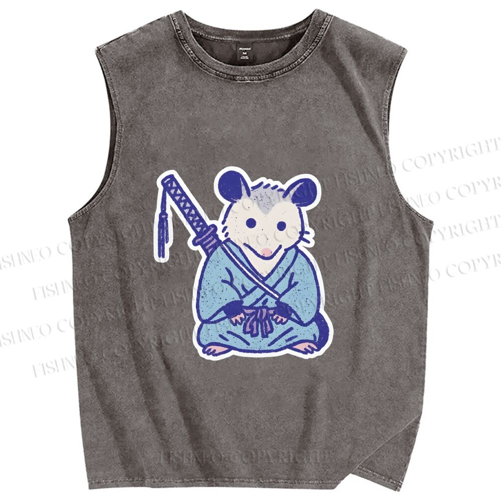 Unisex Vintage Opossum Samurai Printed Washed Tank Top