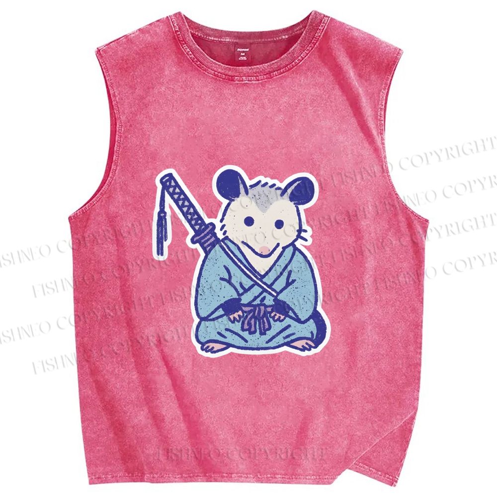 Unisex Vintage Opossum Samurai Printed Washed Tank Top