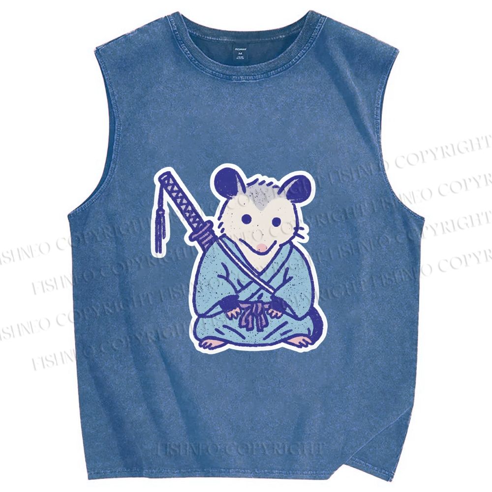 Unisex Vintage Opossum Samurai Printed Washed Tank Top