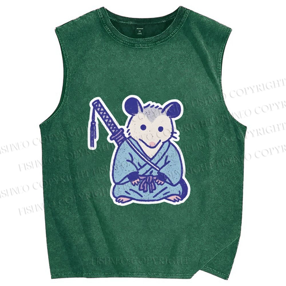 Unisex Vintage Opossum Samurai Printed Washed Tank Top