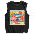 Unisex Tokyo Retro stamp Printed Washed Tank Top