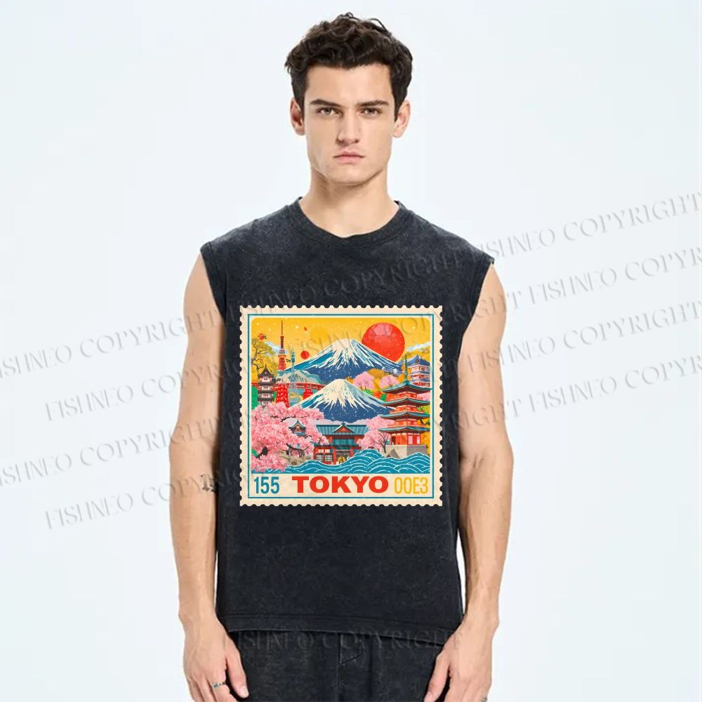 Unisex Tokyo Retro stamp Printed Washed Tank Top