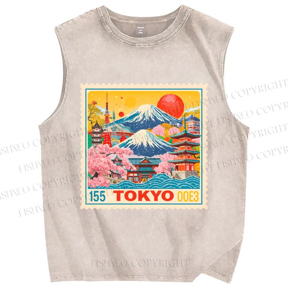 Unisex Tokyo Retro stamp Printed Washed Tank Top